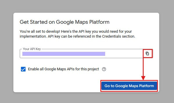 Example of a generated Google Maps API key