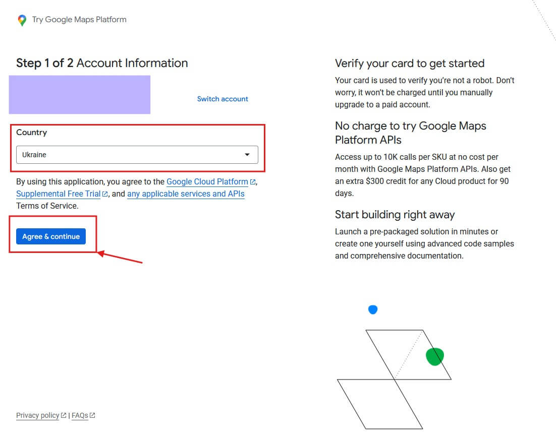 Selecting a country and confirming your Google Maps account