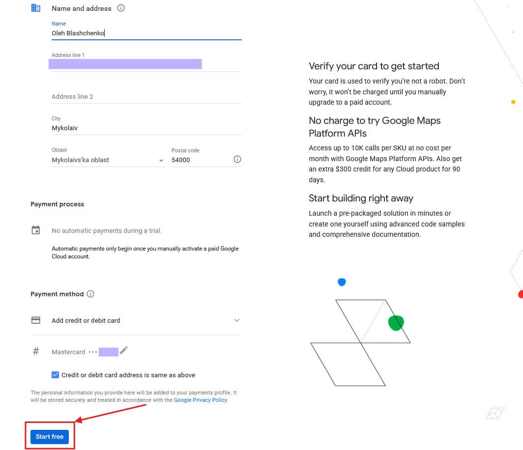 Adding a bank card to the Google Maps API