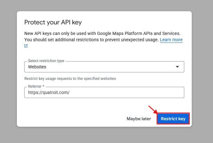 Setting Restrictions for the Google Maps API Key