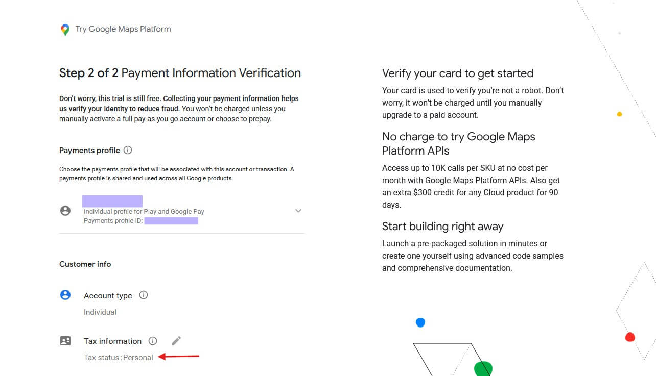 Payment information form in Google Maps Platform