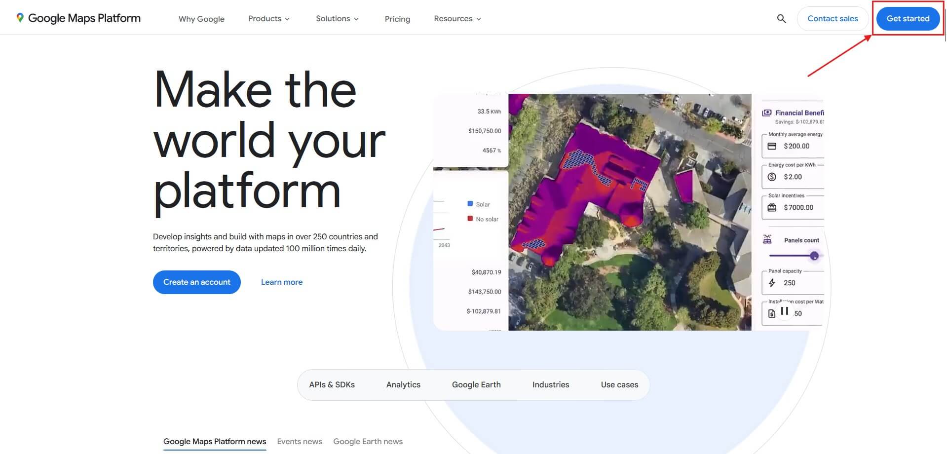 The Get started button to generate a Google Maps API key