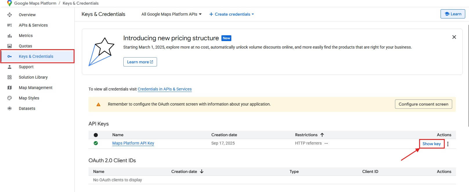 Розділ Keys and Credentials з доступом до API ключів